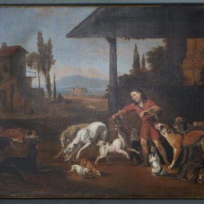Antique Original Oil Painting Feeding of the Dogs Abraham Hondius Framed Art 	Artwork: 24x30in<BR>Frame: 31x38x3in	289028
