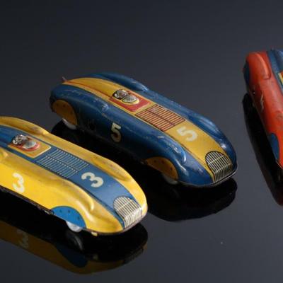 Lot of 3 Vintage Huki Made in US Zone German Tin Litho Toy Cars Key Windup 	1.5x2x6.25in 	196090
