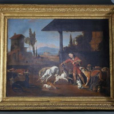Antique Original Oil Painting Feeding of the Dogs Abraham Hondius Framed Art 	Artwork: 24x30in<BR>Frame: 31x38x3in	289028
