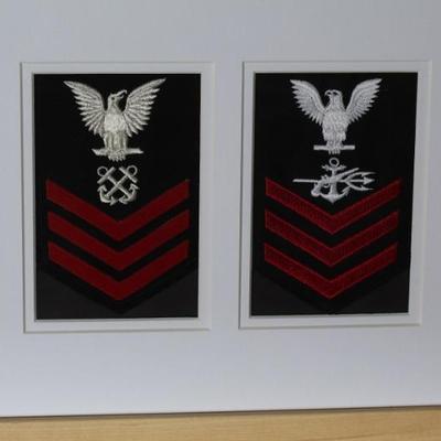4 US Navy Military Petty Officer First Class Badges Framed Patches  	Frame: 13x26x0.75in	199076
