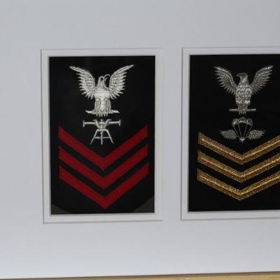 4 US Navy Military Petty Officer First Class Badges Framed Patches  	Frame: 13x26x0.75in	199076
