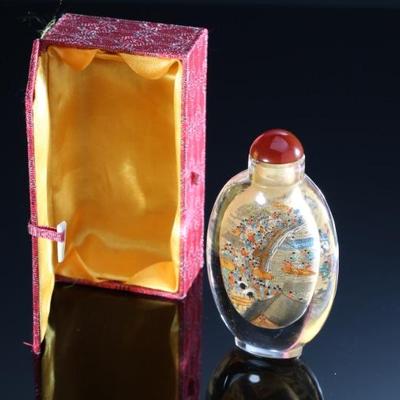 Antique Chinese Reverse Hand Painted Glass Snuff Bottle - Double Sided â€œVillage Sceneâ€ With Original Box	2 x 5.5 x 3.5 in	198012
