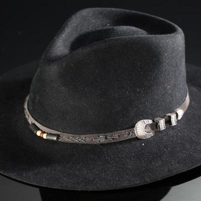 Vintage The Gun Club by Stetson Black Western Cowboy Hat With Silver & Leather Trim Band 58/7 1/4	6 x 15 x 15 in	198019
