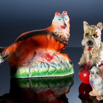 Lot of 4 Vintage Carnival Chalkware Dog Figure Statues - Lassie Collie - Scottie Terrier - Pekingese - Retriever	Scottie 9x5x8 in -...