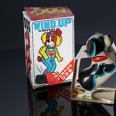 Lot of 6 Vintage Wind-Up Tin Litho Toys in Box - Blic Jumping Rabbit - Seal Playing Ball - Jumping Dog - Butterfly - Clown Riding Scooter...