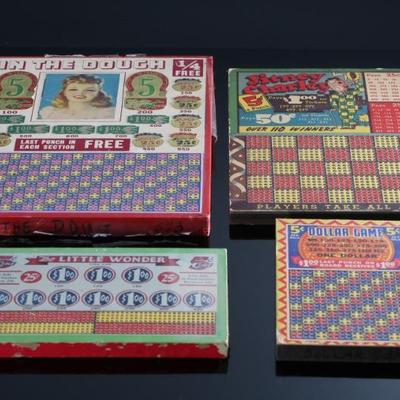 Lot of 4 Vintage Punchboard Gambling Punch Boards In The Dough/Jitney Charley/The Little Wonder Trade Stimulators 		196007
