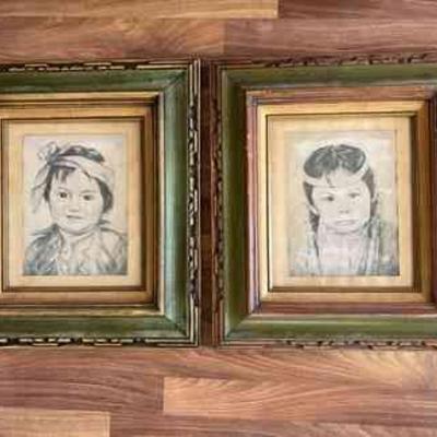 MRM041- (2) Vintage Framed Native American Children Potraits