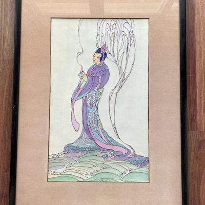 MRM081- Kwanyin Goddess Of Mercy Raised Line Wooden Block Print By Bertha Lum