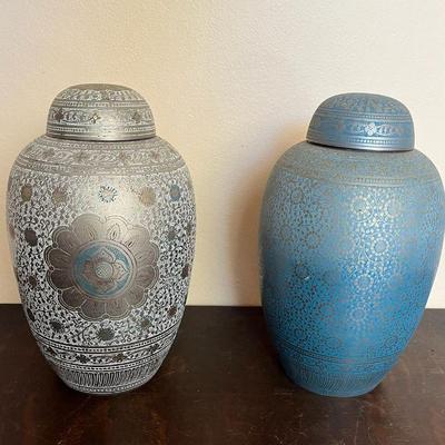 MRM221 Two Etched Metal Urns Made In India