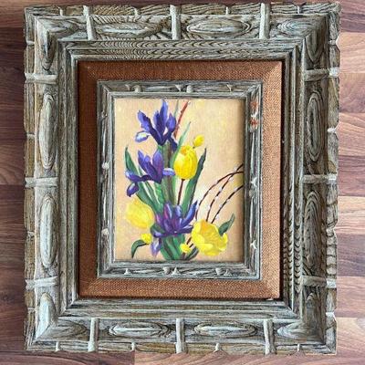 MRM044-Framed Vintage Purple Iris Yellow Tulip Painting On Canvas