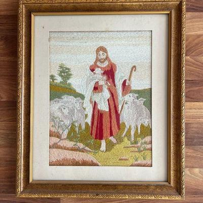 MRM046- Vintage Cross Stitched Religious Yarn Tapestry 