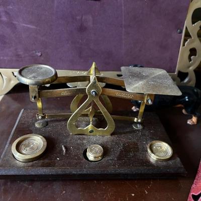 antique brass scale with weights