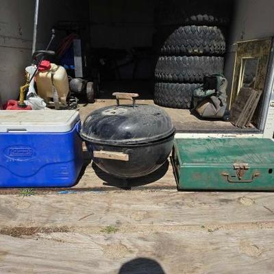 #4016 â€¢ Vintage Coleman Camping Grill, Coleman Ice Chest, and Weber...
