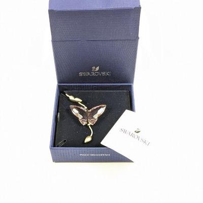 Swarovski Jungle Beats Butterfly Ornament, Pink Swarovski Crystals with Brushed Metal Finish on a Gold-Tone Ribbon