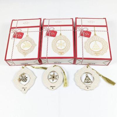New Set of 3 Lenox Christmas Ornaments: "Merry" Tree, "Cheer" Snowflake, "Peace" Dove