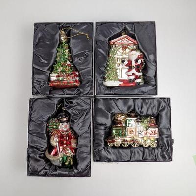 Valerie Parr Hill Blown Glass Ornaments in Gift Boxes: Santa, Train, Snowman, Christmas Tree