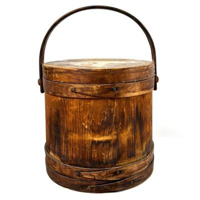 Antique Primitive Wooden Firkin Lidded Sugar Bucket with Handle