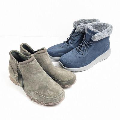 Skechers Memory Foam Olive Suede Ankle Boots & On-the-Go Faux Fur Lined Blue Suede Boots, Women's Size 10