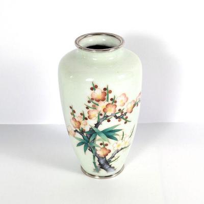 Japanese Cloisonne Vase with Silver Tone Rims Plum Blossom