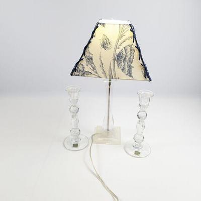 Vintage Acrylic Lamp with Butterfly Shade and 2 Mikasa Glass Candlesticks