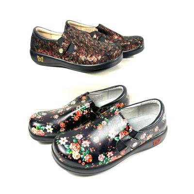 Alegria Kara Metallic Black/Red & Floral Leather Round Toe Slip On Comfort Clogs Size 40 (9.5) Wide