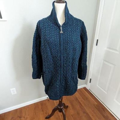 Aran Crafts Ireland 100% Merino Wool Zip-Up Cardigan Sweater Green/Blue, Women's Size L, New