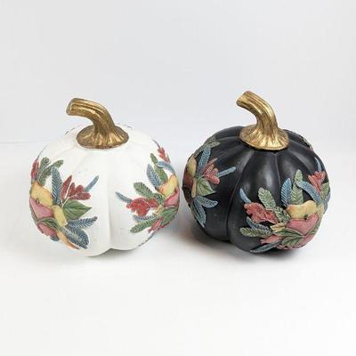 Two Painted Paper Clay and Ceramic Pumpkins