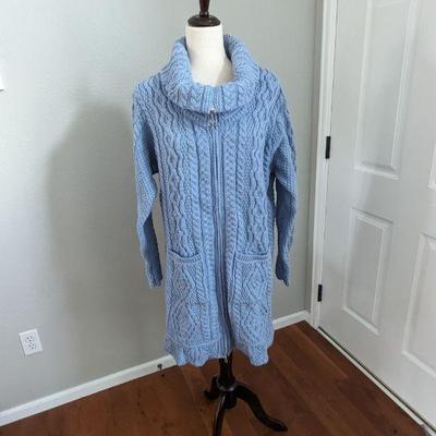 Aran Crafts Ireland Chambray Blue 100% Merino Wool Zip-Up Knit Cardigan Sweater , Women's Size XL