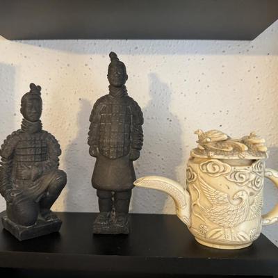 Sold- Hand-carved Tea Pot & Bronzed Warrior Figurines.