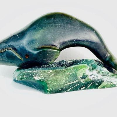 SHBR701 Vintage Intuit Hand Carved Stone Whale	1978 stone whale carving signed by artistÂ 

