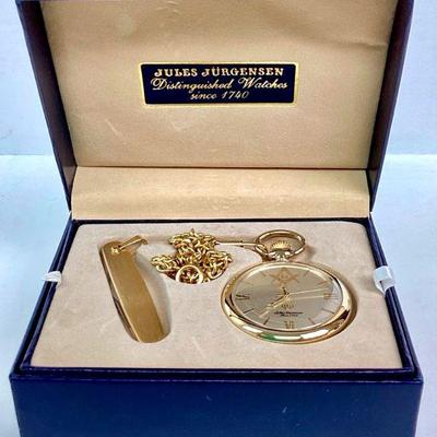 SHBR901 Jules Jorgensen Pocket Watch & Knife Set	Gold pocket watch with chain by Jules Jorgensen since 1740, Japan. Mason symbol on watch...