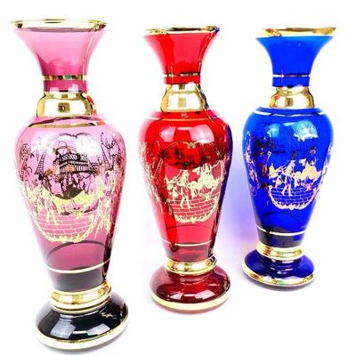SHBR906 Venetian Glass Vases	Identical red, lilac, and cobalt blue glass vases with gilt banding, made in Italy.
