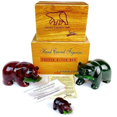 SHBR702 Hand Carved Canadian Jade Grizzly Bears	Hand carved Canadian Copper River Red, Cassier Jade Inc., grizzly bear figurine and bear...