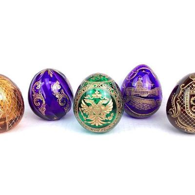 SHBR909 Russian Faberge Crystal Paper Weight Eggs	5 crystal glass Faberge, St Petersburg eggs
