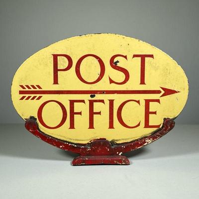 EARLY ENAMELED POST OFFICE SIGN | On a red cast iron frame support
