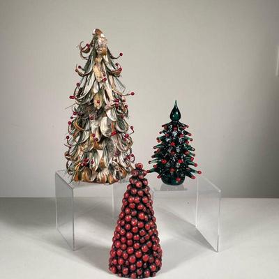 (3PC) DECORATIVE CHRISTMAS TREES | Includes: green glass Christmas tree with red tips, Christmas tree candle, and birch bark Christmas...