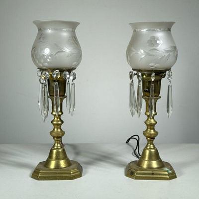 (2PC) BRADLEY & HUBBARD CANDLESTICK LAMPS | Pair of electrified B&H lamps with crystal shades and drops.  B&H triangle mark on base.