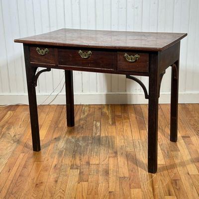GEORGIAN MAHOGANY WRITING SIDE TABLE | Small English mahogany side or writing table with three dovetailed  drawers with brass pulls & locks