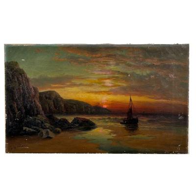 SHIP AT SUNSET OIL PAINTING | ship at sunset Oil on canvas, signed lower left F B Ofler (?)