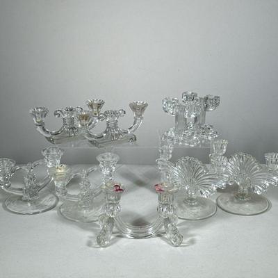 (9PC) GLASS CANDLE HOLDERS PADEN CITY HEISEY INDIANNA GLASS AND ANCHOR HOCKING | Four pair of glass double candle holders including:...