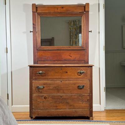 ANTIQUE PINE DRESSER | Three full with drawers, with various poles, and added mirror back; dresser 33 in.