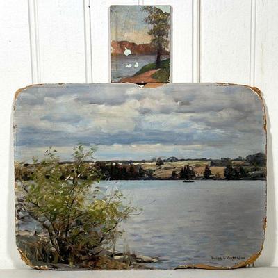(2PC) OIL ON BOARD PAINTINGS | Including a lakeside landscape signed Victor C Anderson, and a miniature riverside landscape with no...