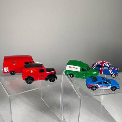 (5PC) MATCHBOX DIECAST MODEL CARS | Including two Royal Mail trucks, a Castrol truck, a Birtish flag car, and a City Police car
