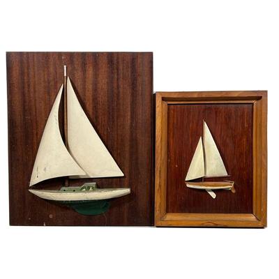 (2PC) HALF HULL MARINE SHIP MODELS | Two framed & mounted half hull model racing yachts/schooners  