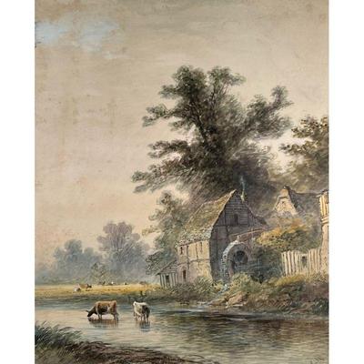 G. LAW GRISTMILL WATERCOLOR | Gristmill by Stream Watercolor on paper, showing animals watering before a cottage; signed lower right;...