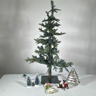 (7PC) CHRISTMAS TREE & DECORATIONS | Includes: small Christmas tree with lights, silvered glass Christmas tree, pair of ceramic reindeer...