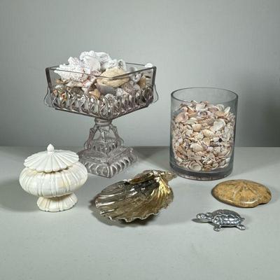 UNUSUAL SEASHELL LOT | Includes: small sea star,  covered wood inlay jar, small metal turtle and scallop shell, collection of seashells...