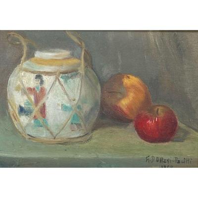 STILL LIFE OF ASIAN JAR PAINTING | jar and fruit Signed and dated 1959 lower right, showing a Chinese jar and fruit, in a small gilt wood...