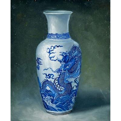 STILL LIFE PAINTING OF A CHINESE DRAGON BALUSTER VASE | vase with dragon A still life depicting a blue and white Chinese vase with a...