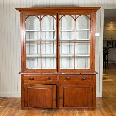 19TH C STEPBACK CUBOARD BOOKCASE | Antique Pine Country Cupboard with cornice.